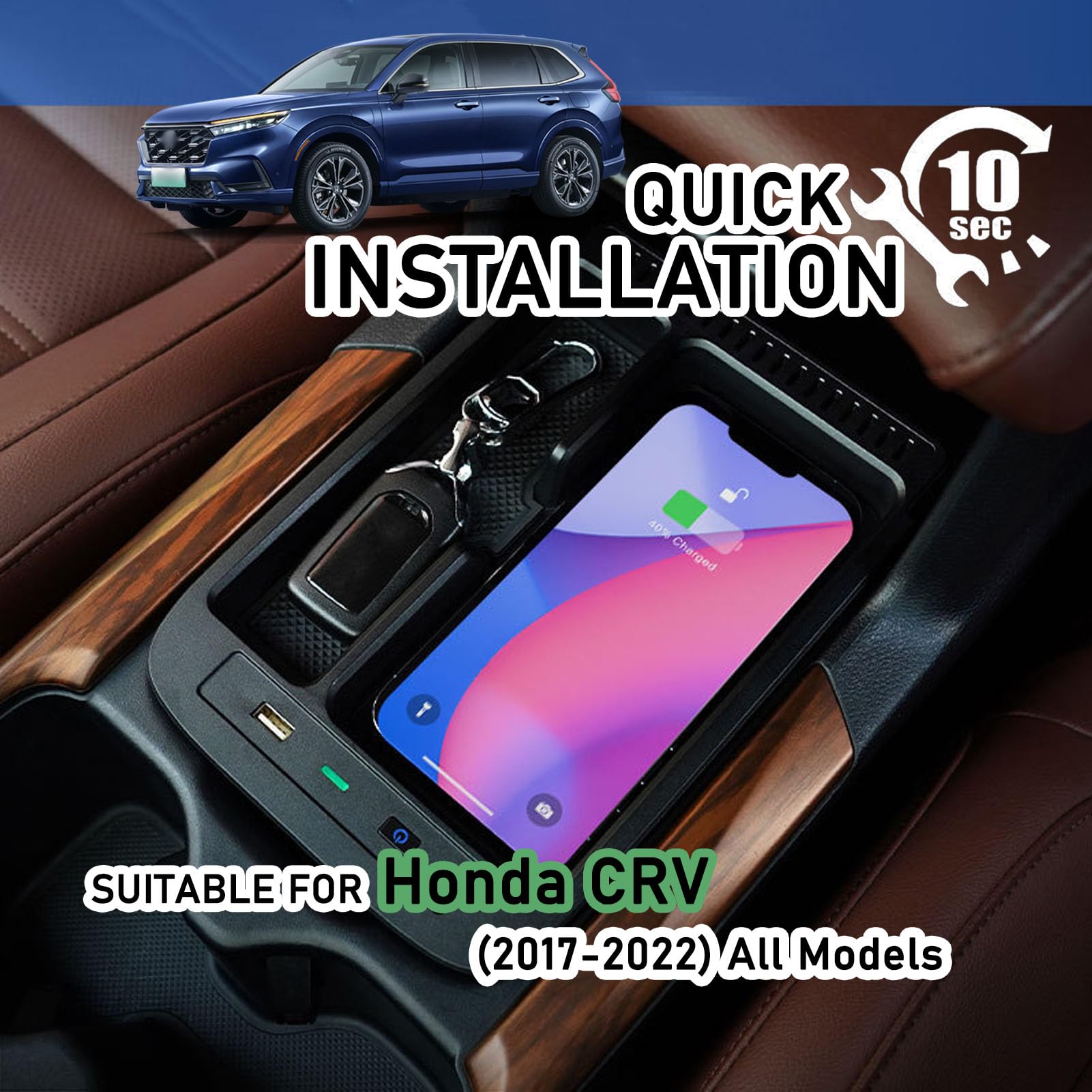 Cargador Inalámbrico para Coche con Carga Rápida Inalámbrica De 10w Y USB Qc3.0 para Hon-da CRV (2017-2022), Todos Los Modelos, Panel De Accesorios para Consola Central