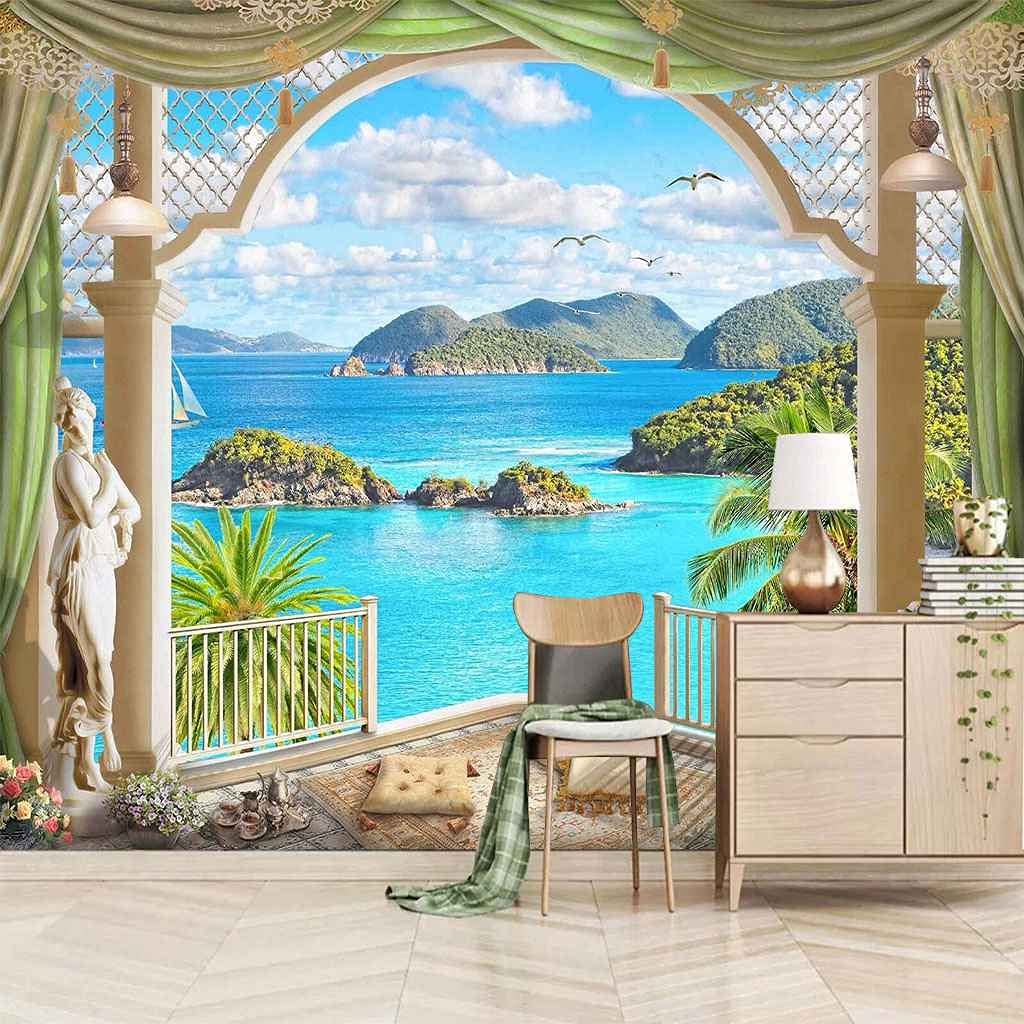 Papier peint photo 3D pour agrandir le salon avec un paysage de lac bleu géant