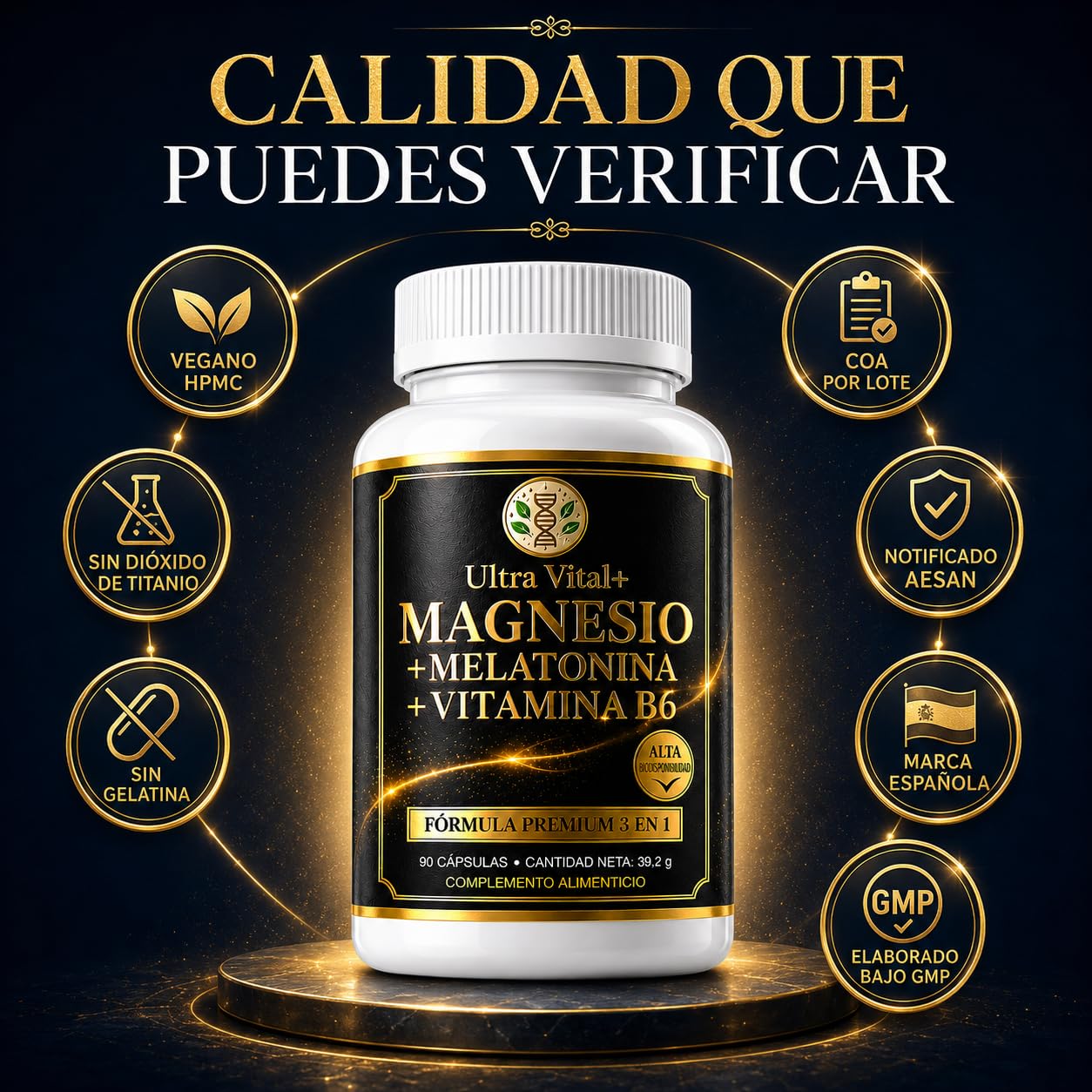 Magnesio Bisglicinato 200mg, Melatonina 1,8mg para Dormir, B6, Cáps Veganas | Glicinato de Magnesio quelado, alta absorción y B6; sin cafeína ni dióxido de titanio. 90 cápsulas, marca española con COA