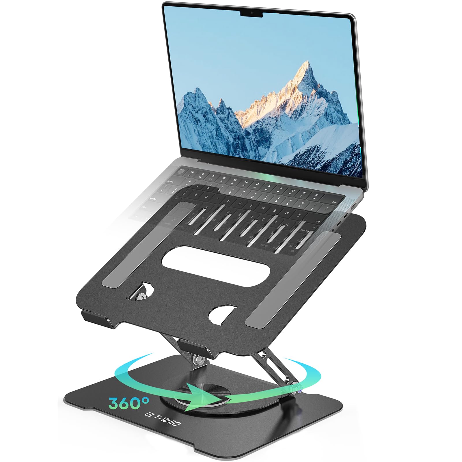ULT-WIIQ Adjustable Laptop Stand for Desk Swivel Laptop Stand with 360 Rotating Base Ergonomic Foldable Aluminum Metal Portable Laptop Table Stand for MacBook Dell HP Lenovo 11-17.3 inch Black