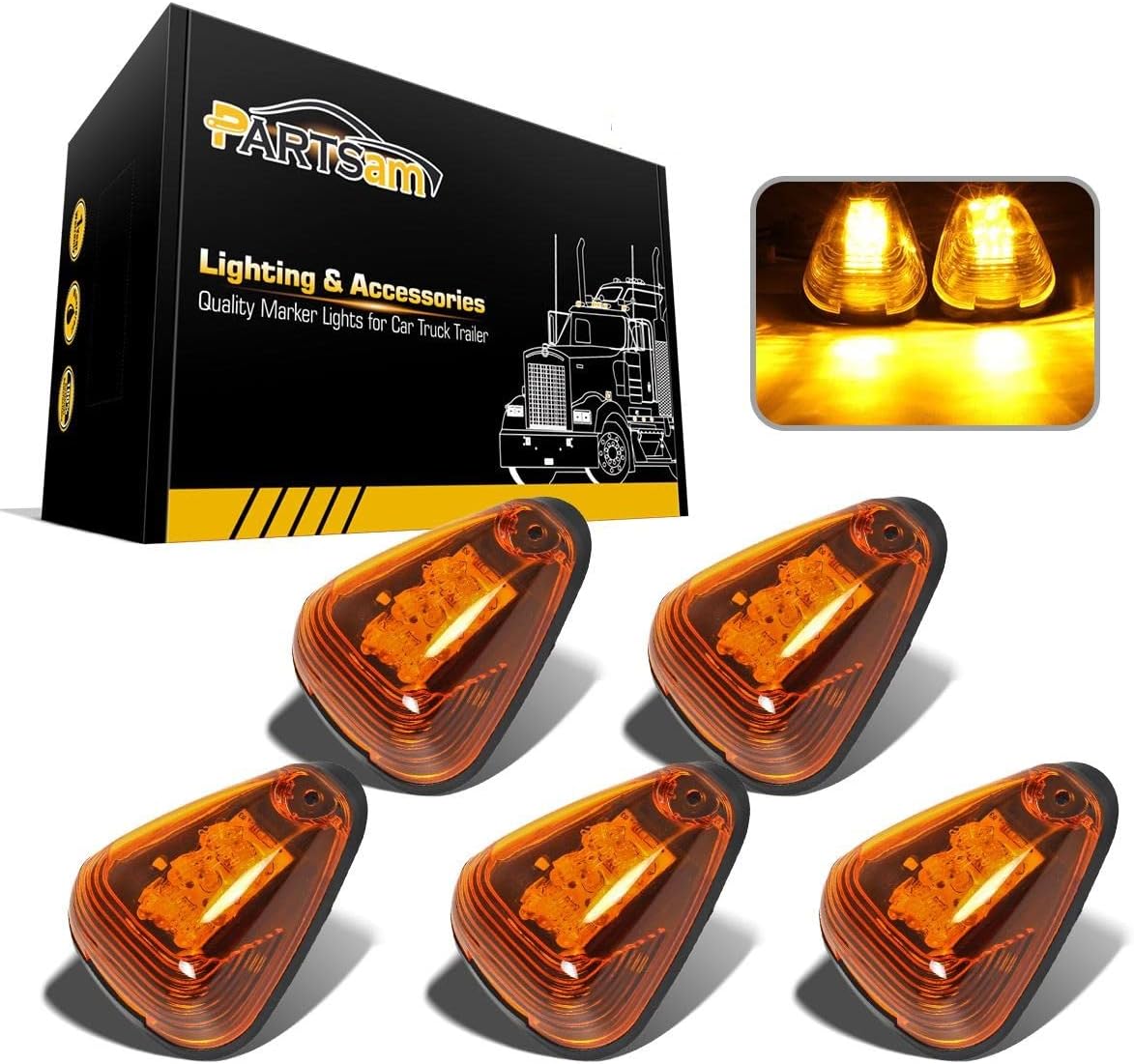 Partsam 5Pcs Cab Marker Lights, Amber Led Roof Running