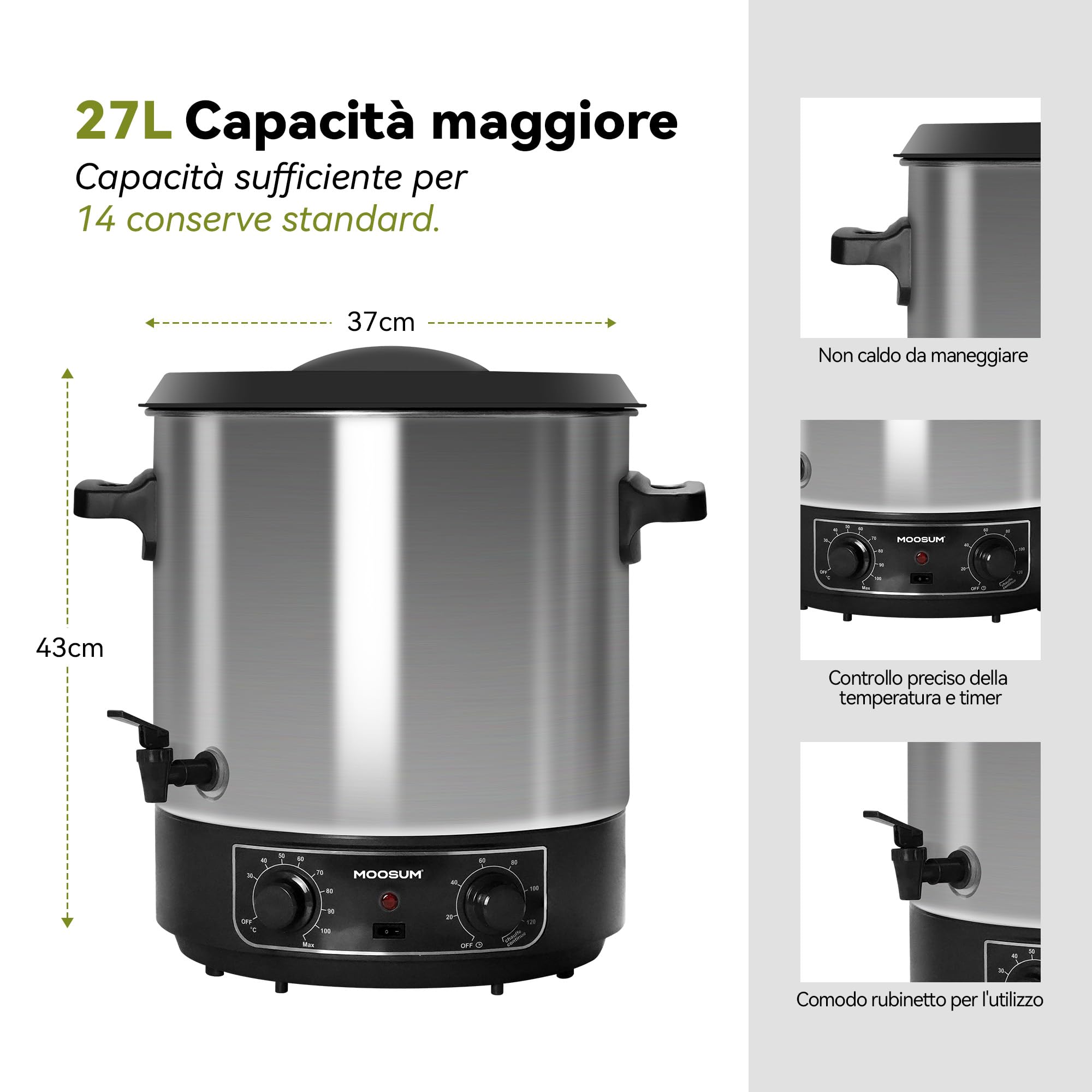 Pastorizzatore, Dispenser per Bevande Calde, 27 L, 1800 Watt, 30-100 °C, Timer, Funzione Mantenimento Calore, Protezione Ssurriscaldamento