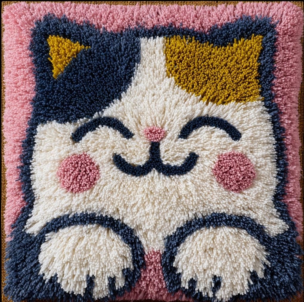 Taxpy Latch Hook Kits DIY Throw Pillow Cover Smiling Cat Latch Hook Sofa Cushion Cover Embroidery Craft Kit for Adults and Beginners Pattern Printed Canvas Creativity Crochet 17X17 Inch