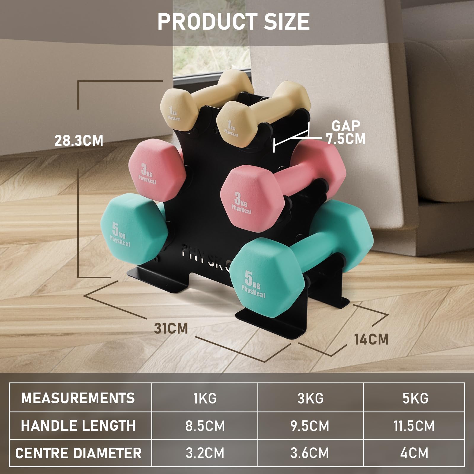 PhysKcal Juego de mancuernas, juego de pesas y soporte de almacenamiento para entrenamiento en casa, gimnasio