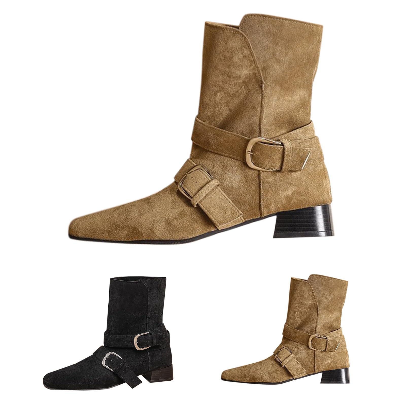 Cocila Botas Vaqueras De Pasos Con Hebilla Cinturón Y Tacón Grueso, Mangas Para Otoño E Invierno. Negras Altas Mujer Planas Botines Piel Marron Marrones Tacon Fino Planos Casual Zapatos