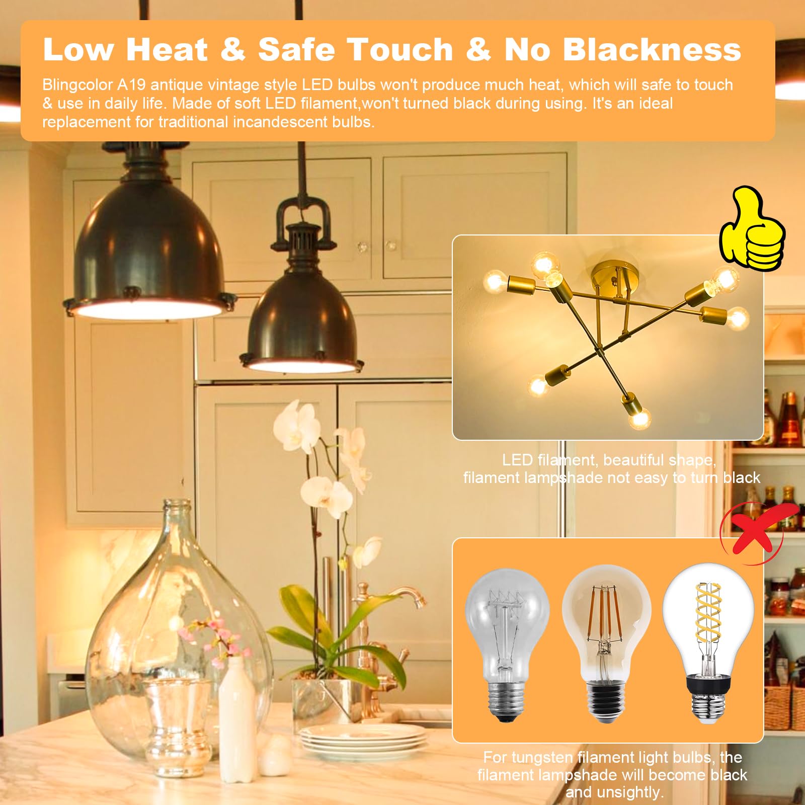 A19 Vintage LED Edison Light Bulbs 40 Watt Equivalent Dimmable E26 4W LED 2200K Amber Warm Light Bulbs — view 4