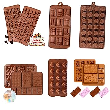 MoldBerry Chocolate Mould Combo Pack of 6 | MoldBerry Flexible Reusable Silicone Chocolate Molds for Candy, Jelly, Cake Decoration (Alphabet, Smiley, Heart, Bar & Shapes)