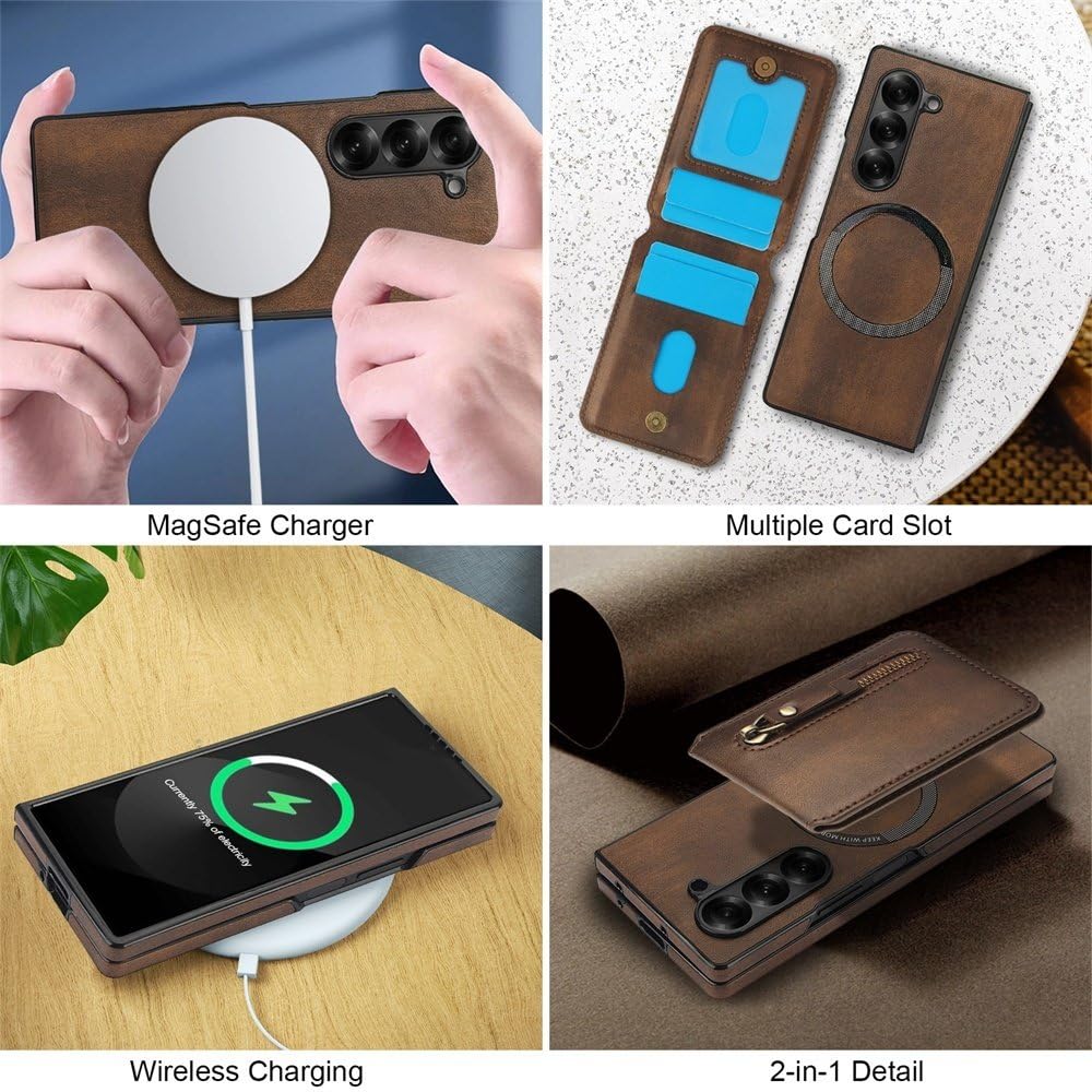 Funda magnética Desmontable con Tarjetero para Samsung Galaxy Z Fold 6, 5, 4 y 3, de Cuero con Cremallera, Morada, para Samsung Z Fold 6