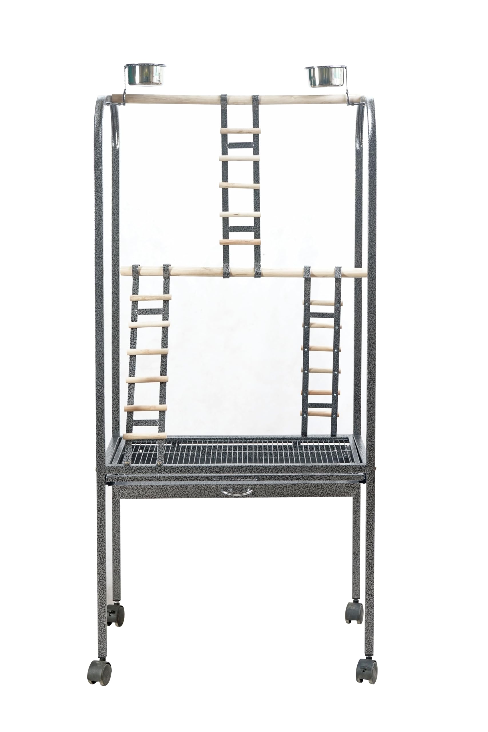 Pet's Solution - Trespolo per Pappagalli Grande e Stabile, Area Gioco con Scale, Posatoi, Mangiatoie in Acciaio, Griglia e Vassoio Estraibile, 4 Ruote, Color Nero Martellato – 64,5x44,5x154h cm
