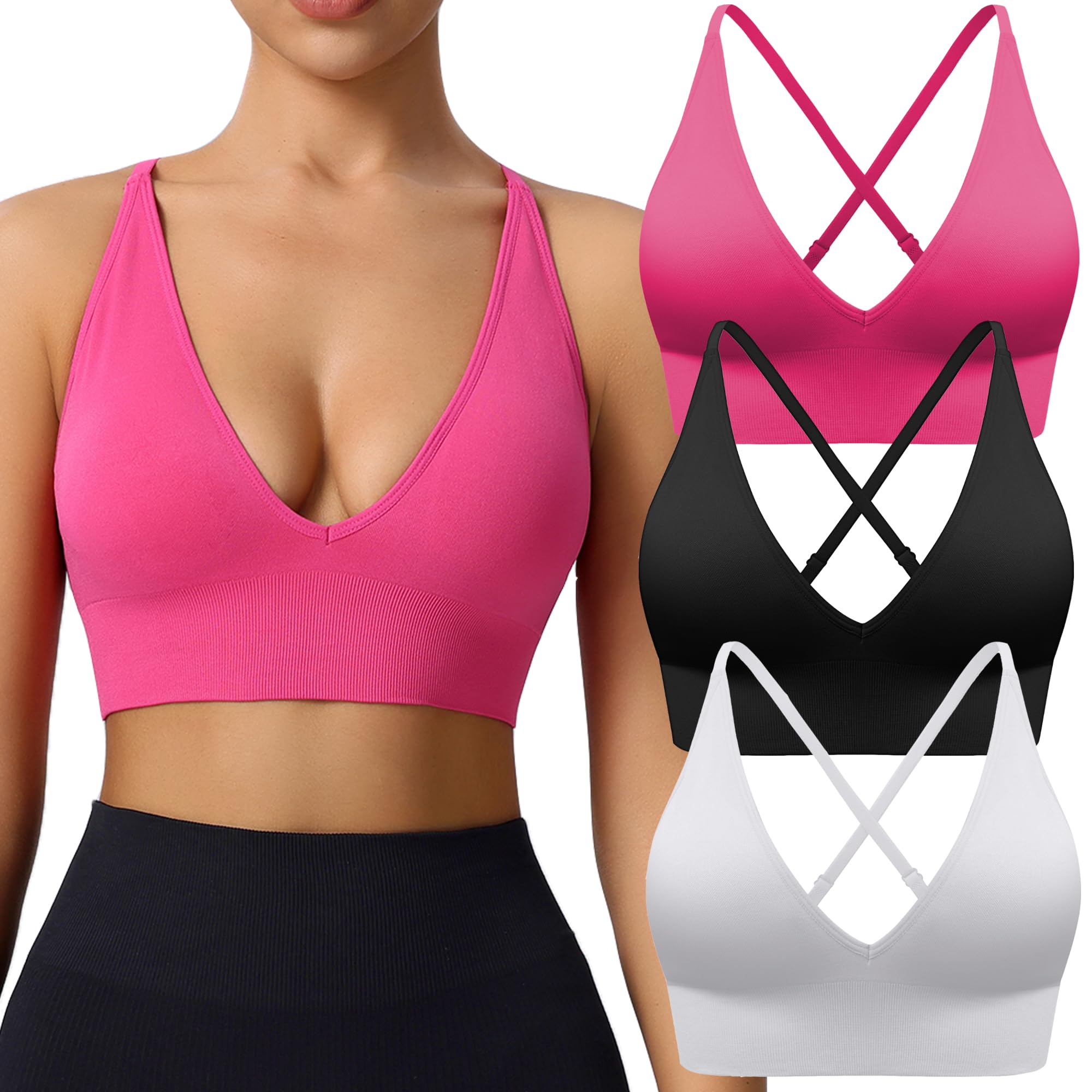 Evercute Womens Sports Bras 3 4 Pack Adjustable Deep V Neck Bras Wireless Spaghetti Strap Criss Cross Padded