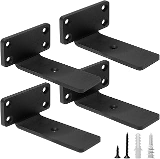 HITOMEN Heavy Duty 4-Inch Floating Shelf Brackets, 1/5" Thick Hidden Iron L Brackets, Rustic Black Metal Supports, 4 Pack - 150 lbs Capacity