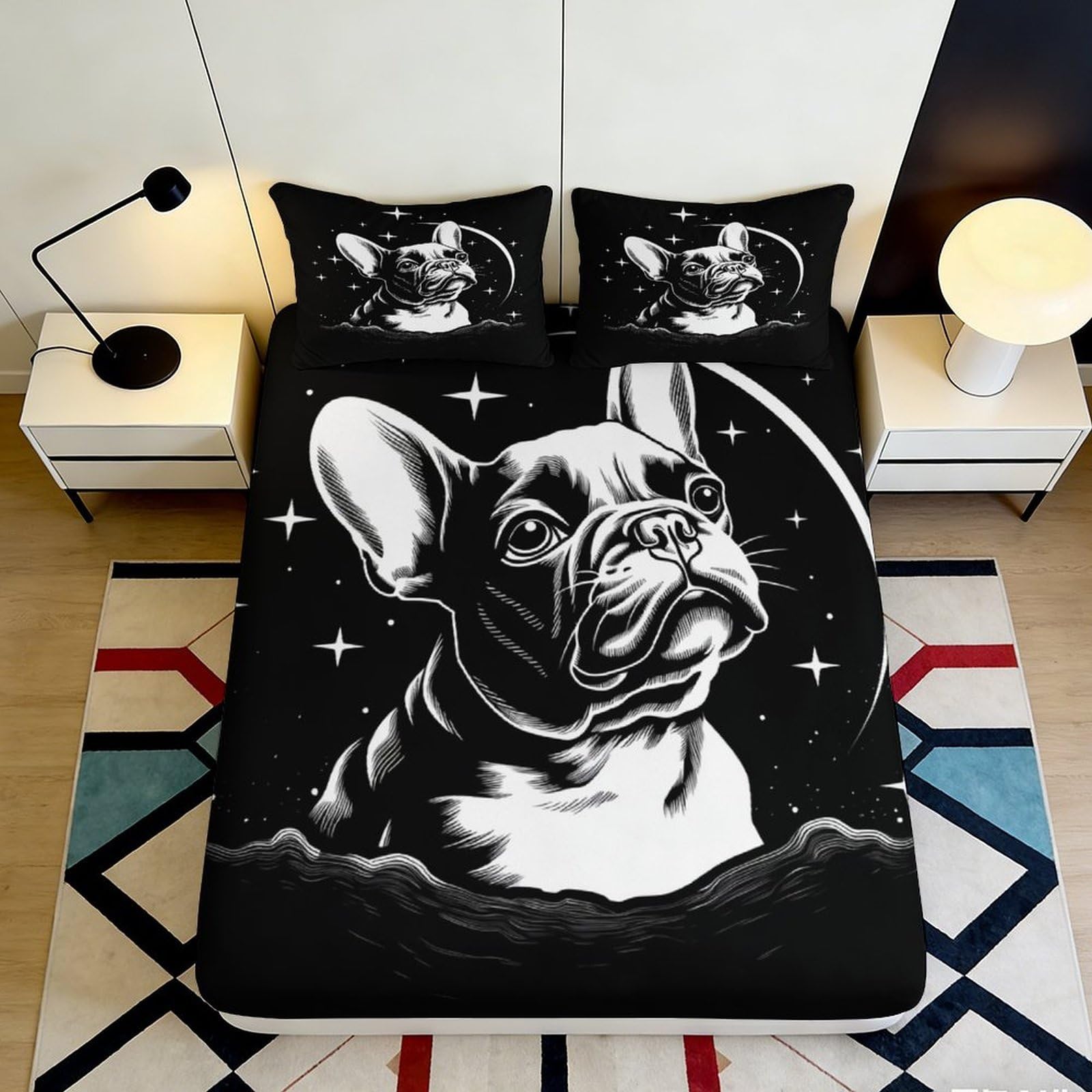 3D Printed French Bulldog Fitted Sheet Microfiber Soft Breathable Cosmic Moon Bed Sheet for Bedroom Dormitory Guest Room Mattress Protection Decor 200x200x25cm
