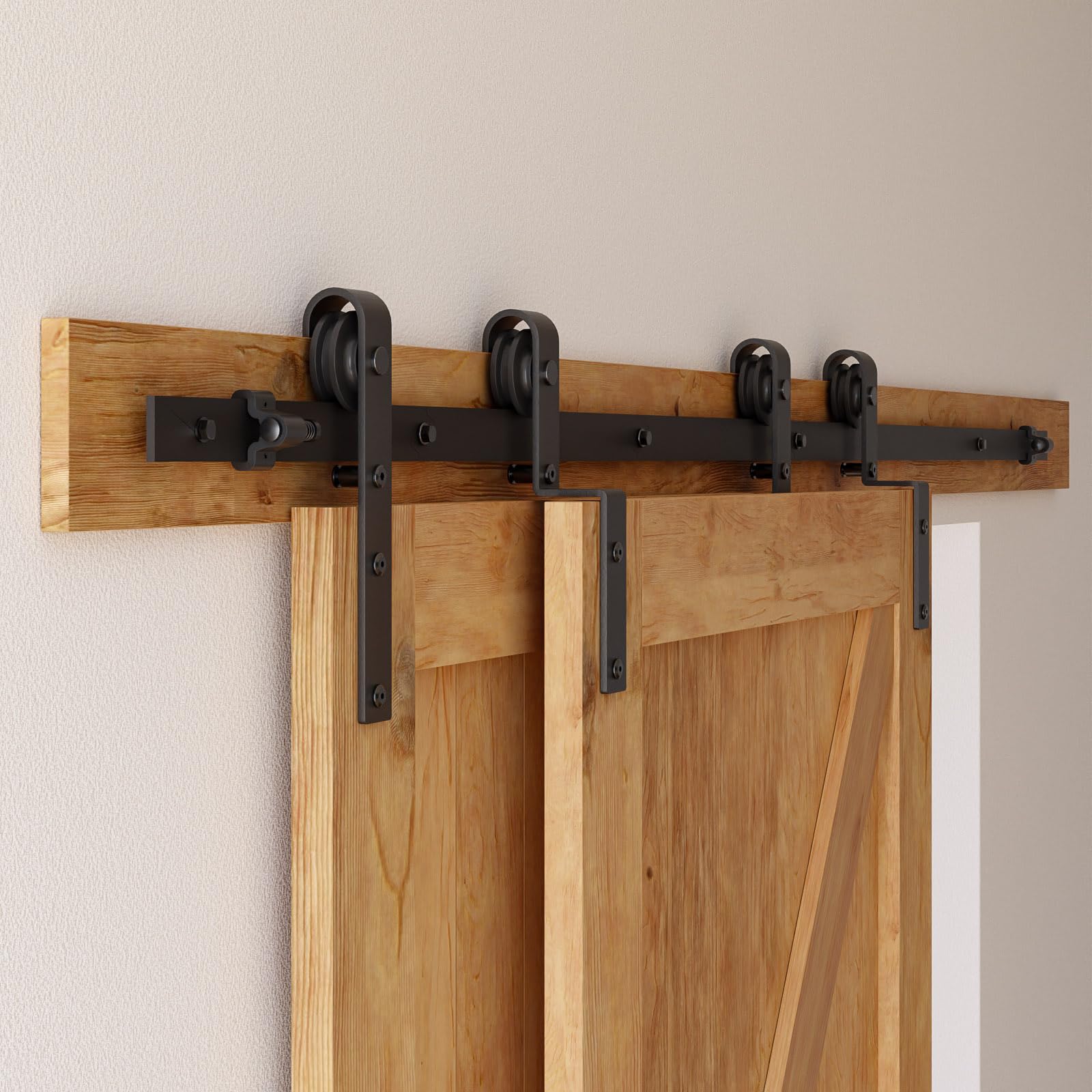 Sliding Door Fitting Bypass Double Door 183 cm Sliding Door Rail System Complete Set including Floor Guide Black for 2 Wooden Doors 82 cm Wide - Image 2