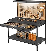 Pterying Heavy Duty Garage Workbench 600lbs Capacity with Drawers, LED Lights, Pegboard & Hooks - Tool Storage Organizer