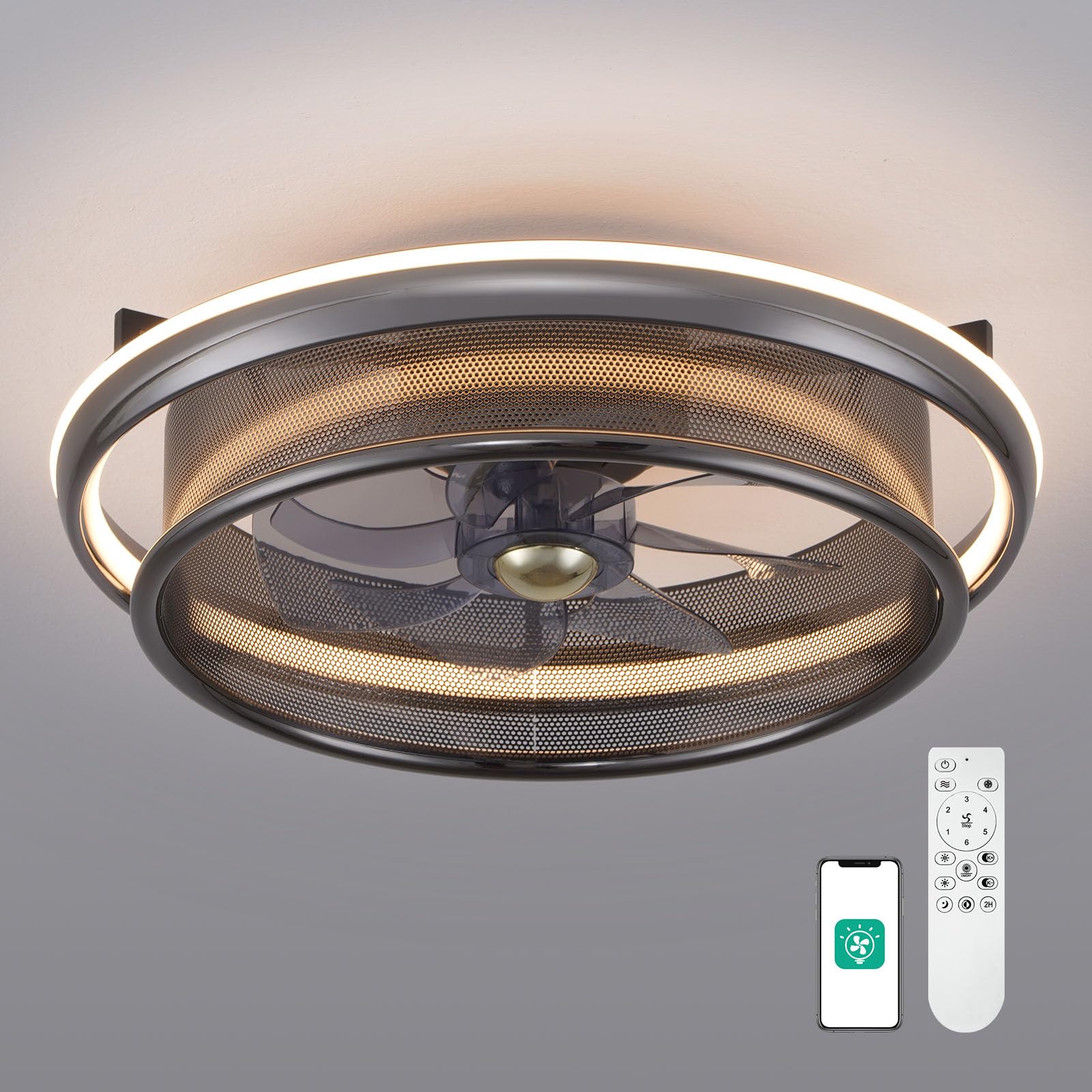 Orison Ceiling Fan with Lights, 19.7" Low Profile Ceiling Fan with Remote/APP Control, Flush Mount Ceiling Fan Lights, 3 Light Color and 6 Speeds Timing for Bedroom(Pearl Black)