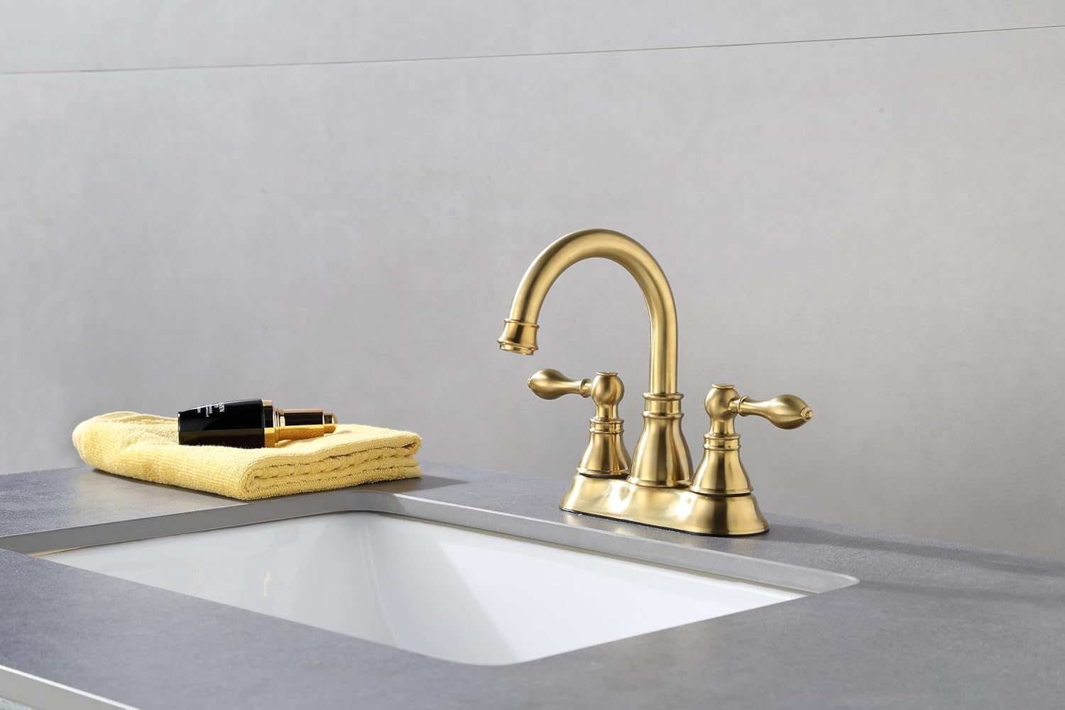 Two Handle Bathroom Sink Faucet 3 Hole with Overflow Pop up Drain, 360° Swivel Spout 4 Inch Centerset Lavatory Faucet Without Water Supply Lines,Brushed Gold,F-4501-CS