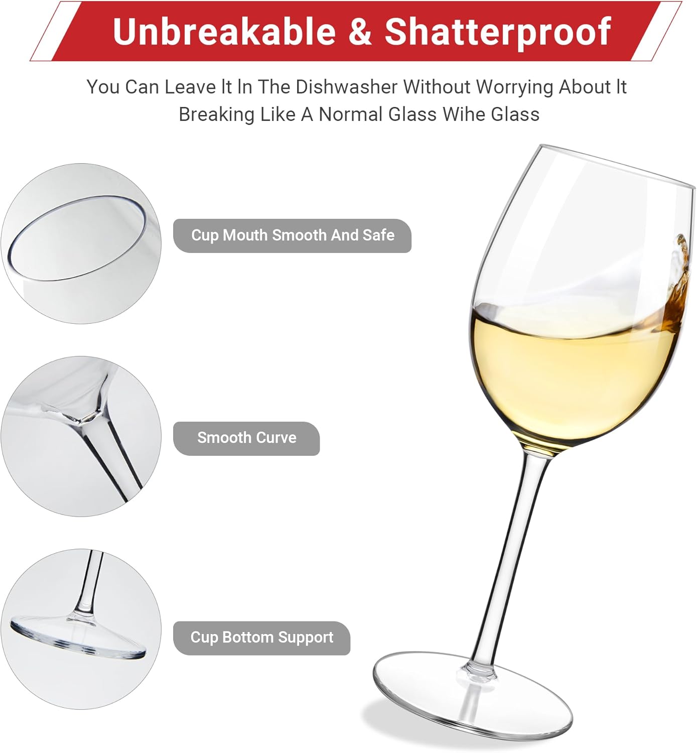 HAHASHOW Unbreakable Stemmed Wine Glasses - 100% Tritan Plastic, Dishwasher Safe for Red & White Wine Glass 530ML - Set of 4, Perfect for Camps and Parties
