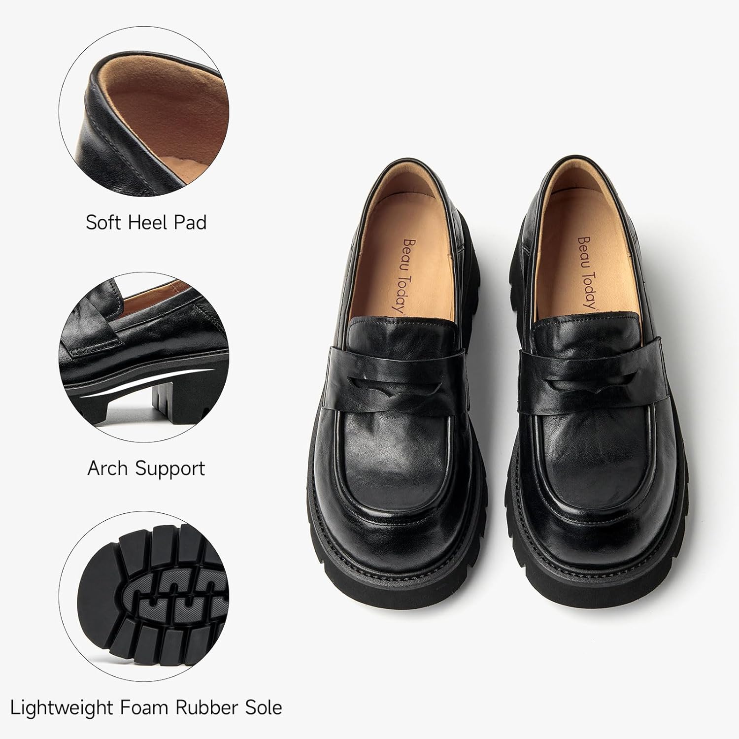 BEAU TODAY Platform Penny Loafers for Women, Women’s Chunky Leather Lug Sole Loafers, Slip-on Comfortable Business Casual Non Slip Round Toe Ladies Dress Shoes - Image 6