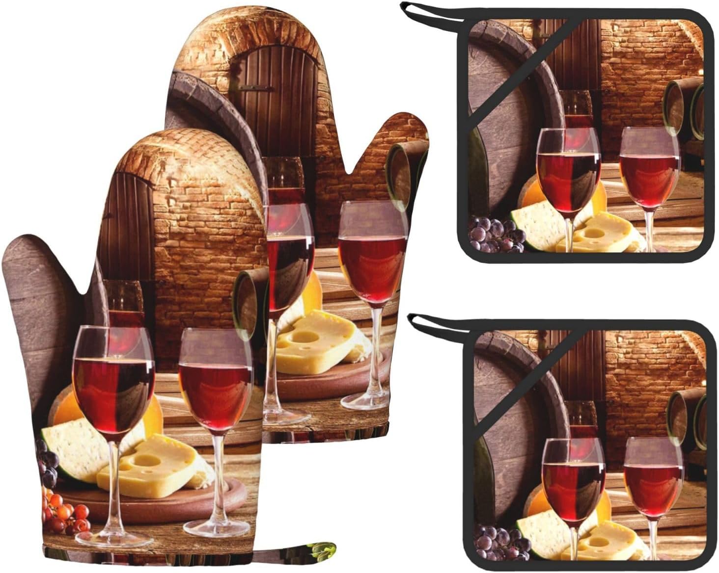 Red Wine Cellar Oven Mitts and Pot Holders Set of 4 Heat Resistant Kitchen Gloves with Silicone Palm Hot Pads for Baking Cooking Grilling BBQ