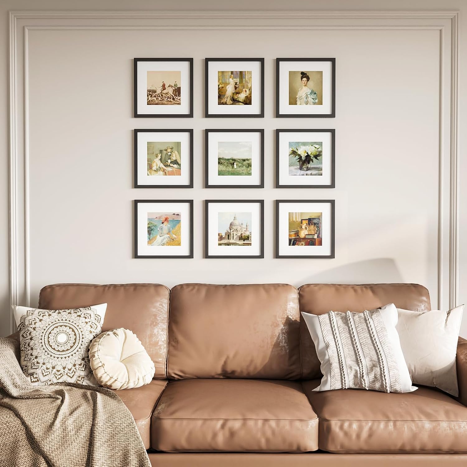 KINLINK 12x12 Frame Set of 9, Wooden 12 by 12 Square Picture Frames with Plexiglass for Picture 8x8 with Mat or 12x12 without Mat Art Collage for Wall and Tabletop Display, 12 x 12 Frame Black Wood