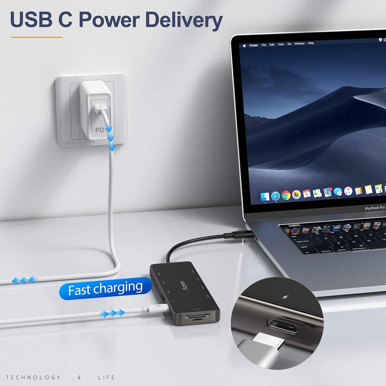 Aceele USB C Hub connected to a MacBook Pro for power delivery.