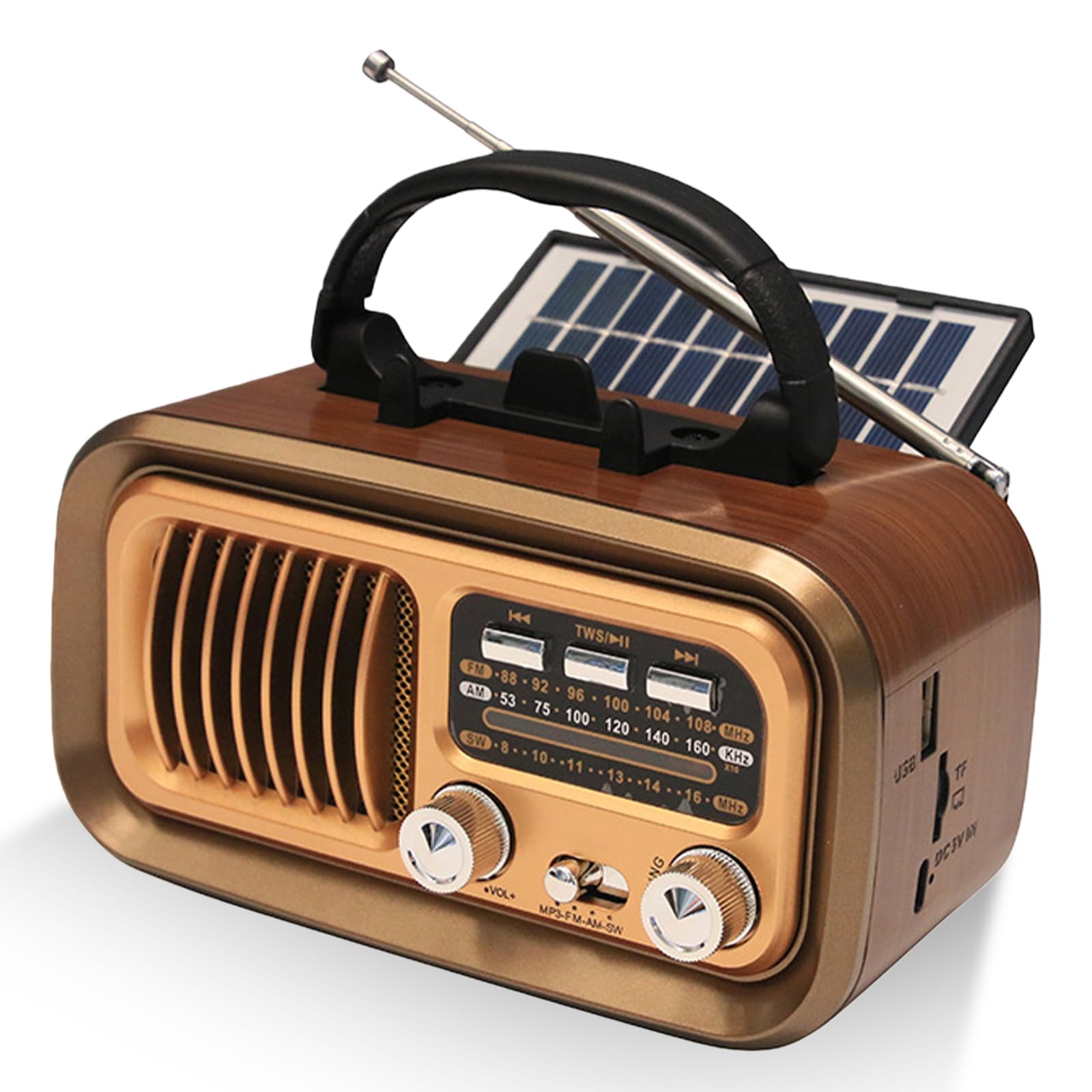 Radio portátil retro con Bluetooth, AM/FM/SW radio de maleta solar funcionamiento con batería/funcionamiento con pilas D, altavoz radio de cocina con panel solar soporte para móvil compatible con