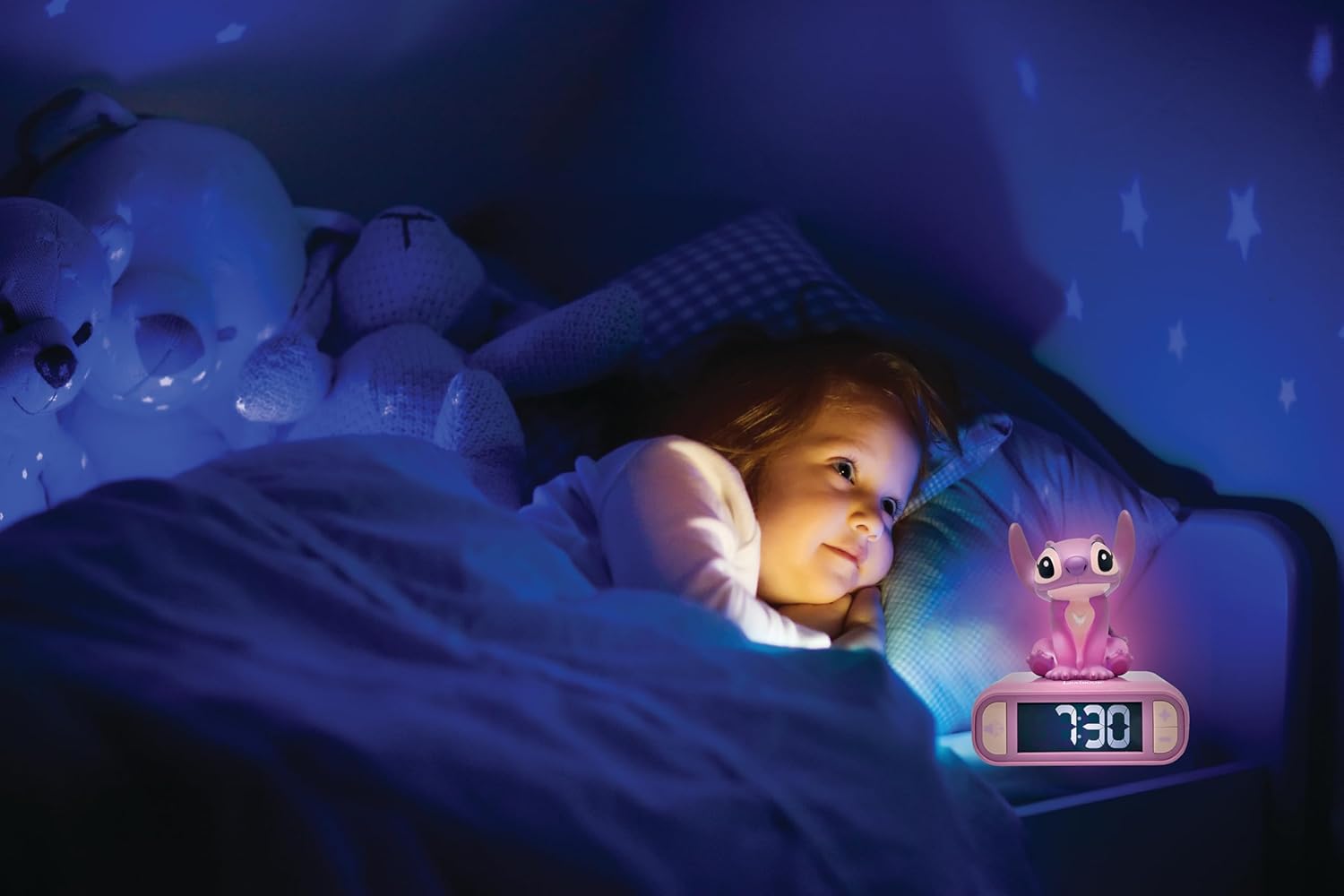 LEXIBOOK, Disney Stitch Alarm Clock with Angel Night Light, Sounds and Melodies, Backlit LCD Display, Luminous, Snooze, Pink, RL800D1