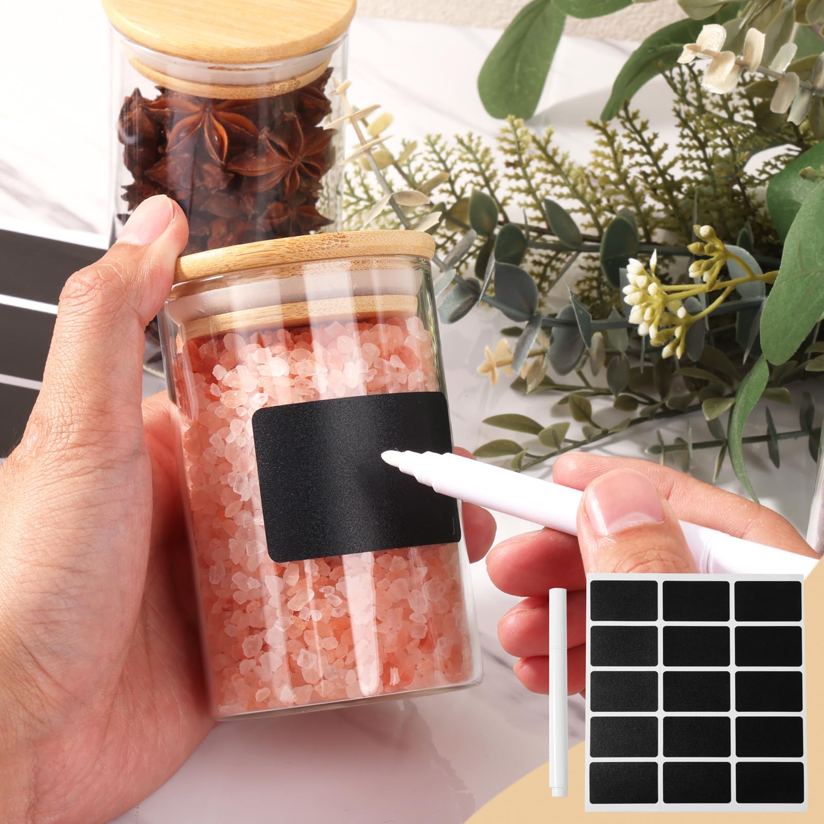 FoiiLiio 12 Bocaux à Épices Ronds en verre 200 ml avec couvercle en Bambou, RéCipient à ÉPices, Ensemble de Pots à ÉPices, Boite a Epices Cuisine Rangement avec Étiquettes Vierges