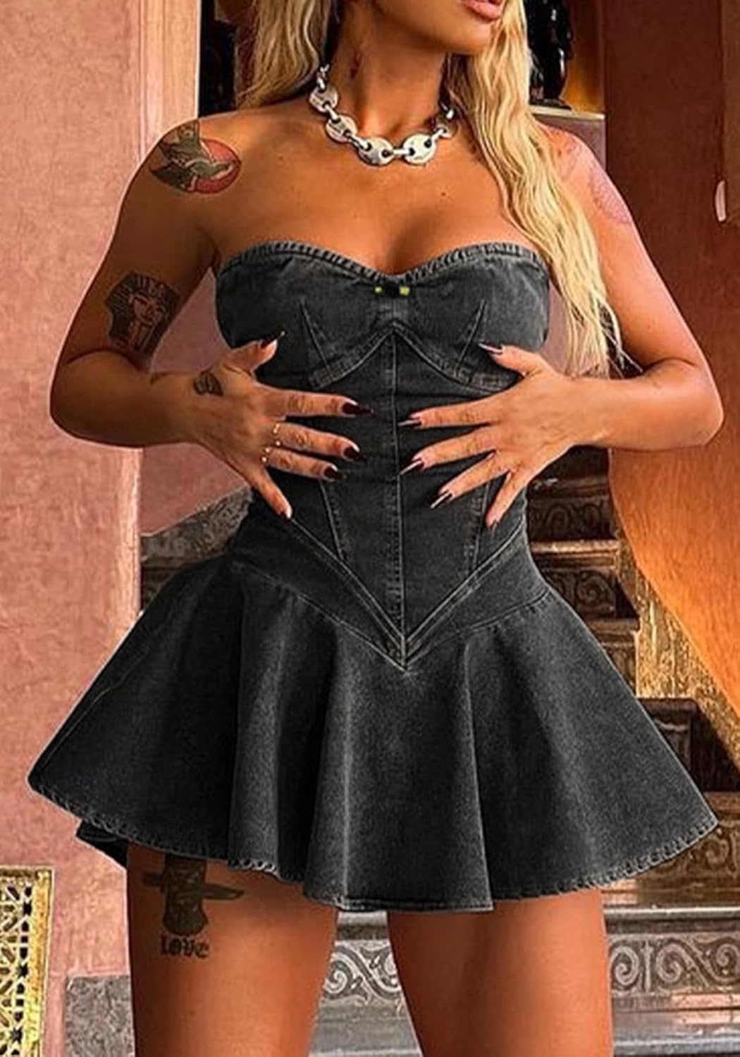 Molisry Women's Summer Tube Top Denim Dress Off Shoulder Sleeveless Sexy Cute Ruffle Pleated Jean Mini Dress Clubwear - Image 3