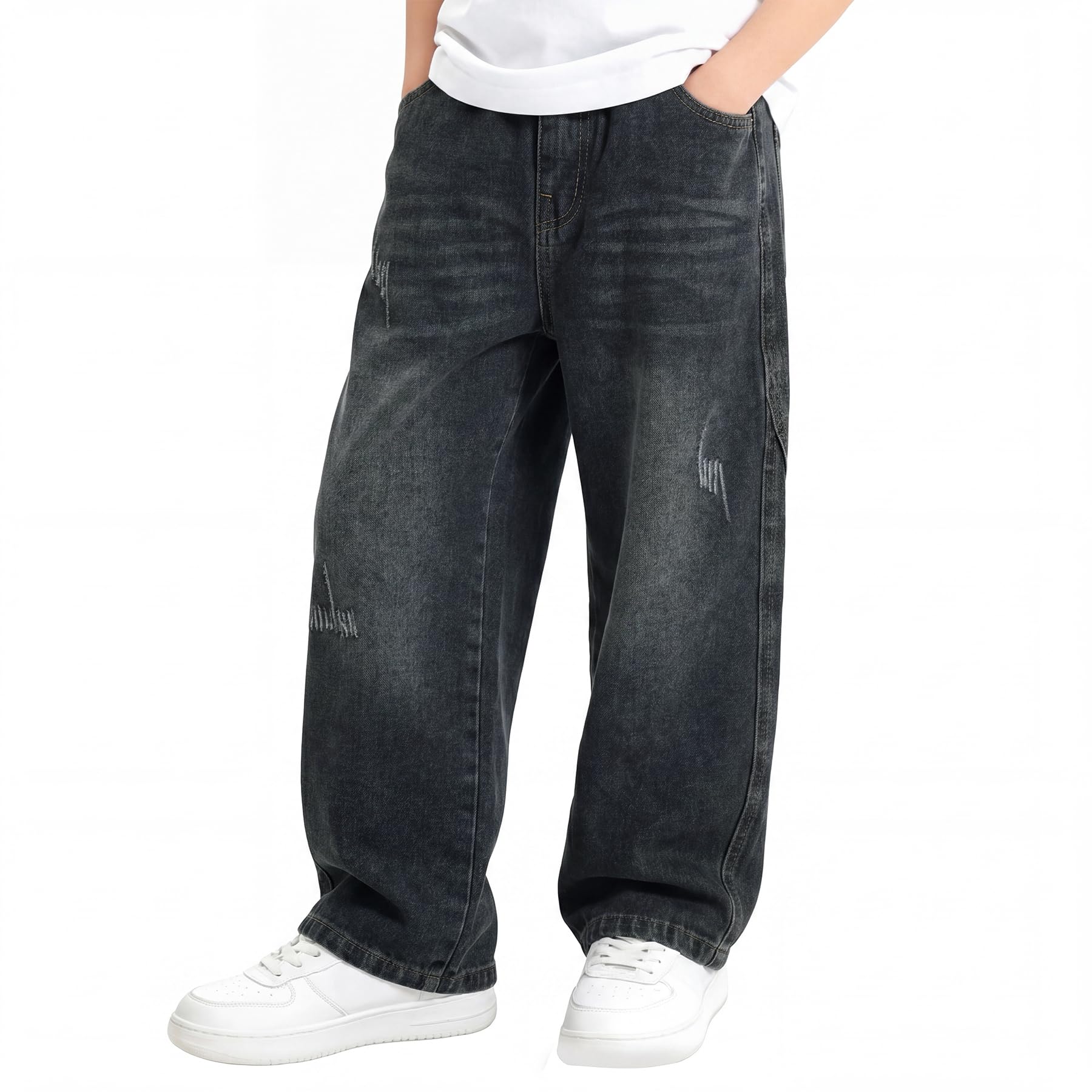 Jeans Garçon Enfants Droit Baggy Pantalon Denim Loose Fit avec Taille Élastique Long Jeans Casual Bleu Pant Décontracté Stretch Denims Mode Streetwear pour Ado 5-14 Ans