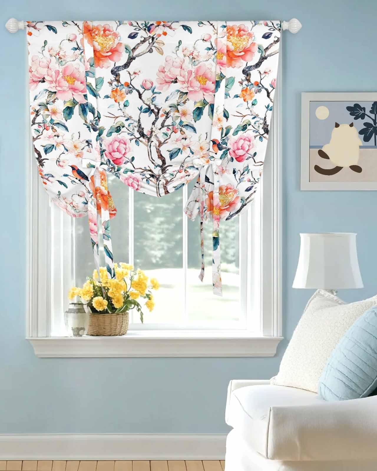 Tie Up Curtains for Windows Country Watercolor Flowers Rod Pocket Tie-Up Window Shade Adjustable Balloon Curtain Valance Farm Bird Floral for Bedroom Kitchen Bathroom Blinds,34x45in