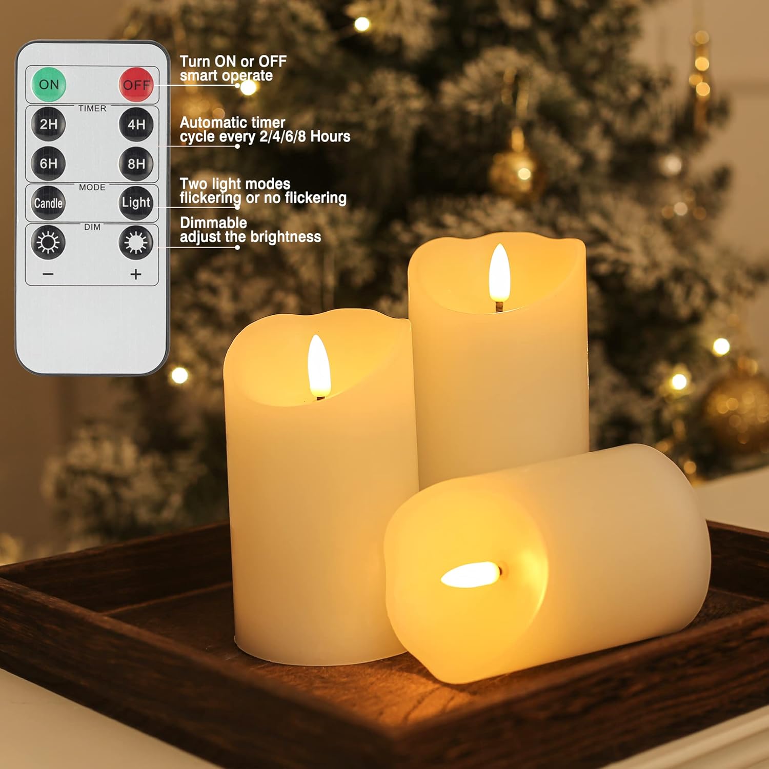 LUSHARBOR Flameless Candles with Remote, Battery Operated Real Wax LED Flickering Candles with Timer, Fake Electric Candles for Christmas Party Room Home Decor, Set of 3 (Ivory)
