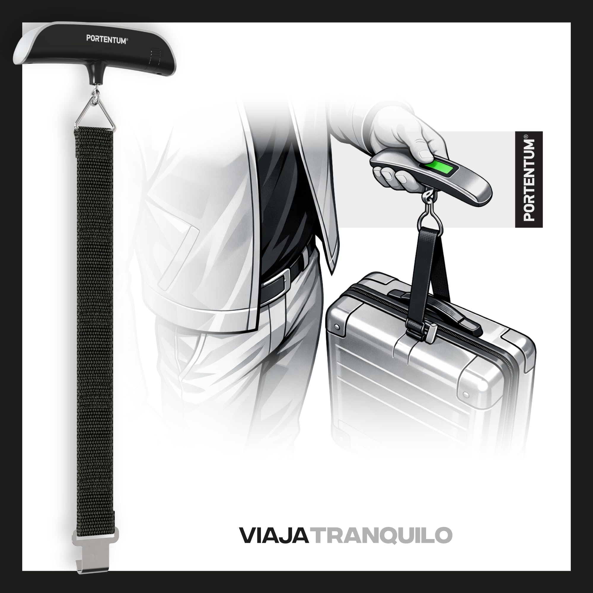 PORTENTUM Bascula maletas viaje digital con pantalla LCD – hasta 50 kg – Bloqueo de lectura automático – Peso maleta preciso para viajar – Escala de equipaje portátil con indicador de temperatura - 5