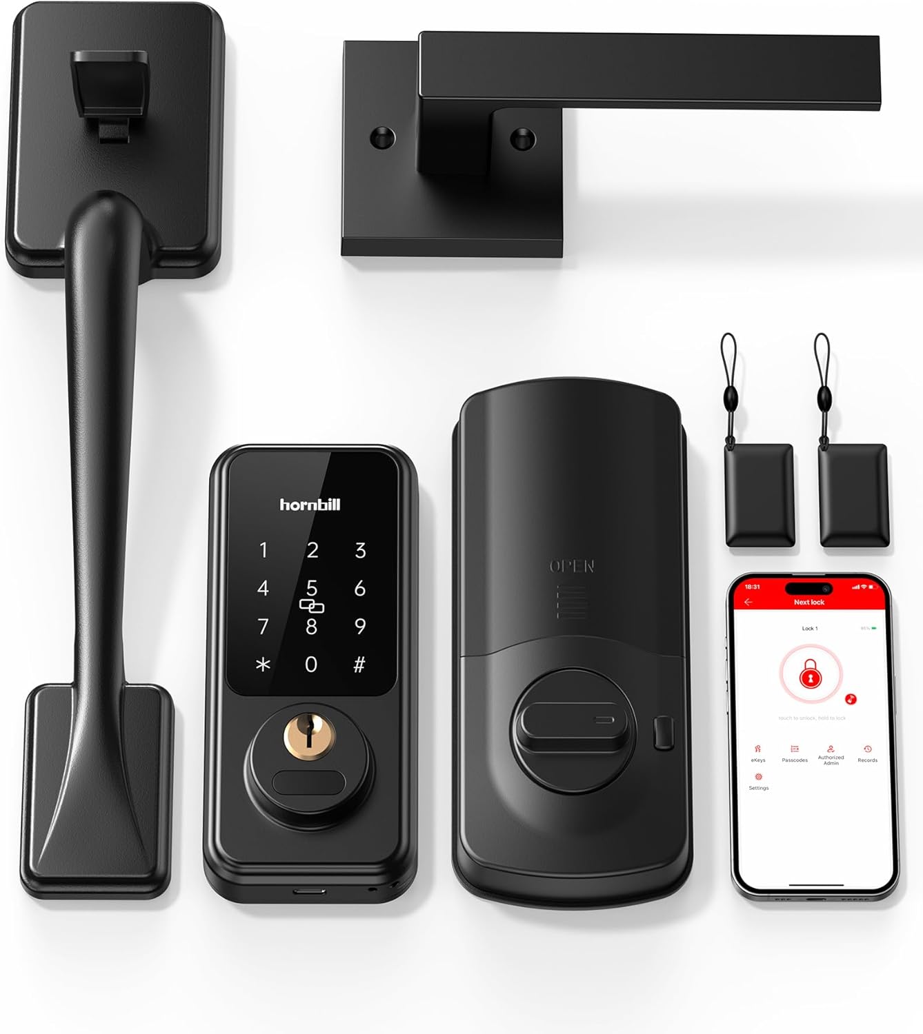 Smart Keyless Entry Door Lock with Handles, Hornbill Front Door Lock Set, Keypad Code Lock with Lever, Digital Touchscreen via Alexa/Bluetooth/Keyfob/Key