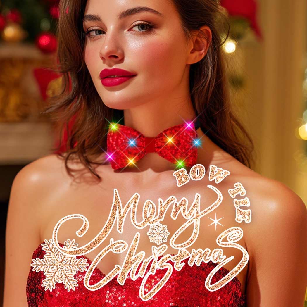 JONKY Christmas Light Up Bow Tie Sequin Costume Bowtie for Adult