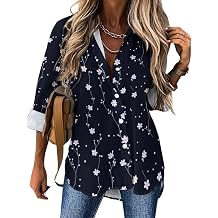 Women's Cotton Blend Long Sleeve Button Down Shirt Summer Casual Boho Vintage Floral Print Irregular Hem Tops
