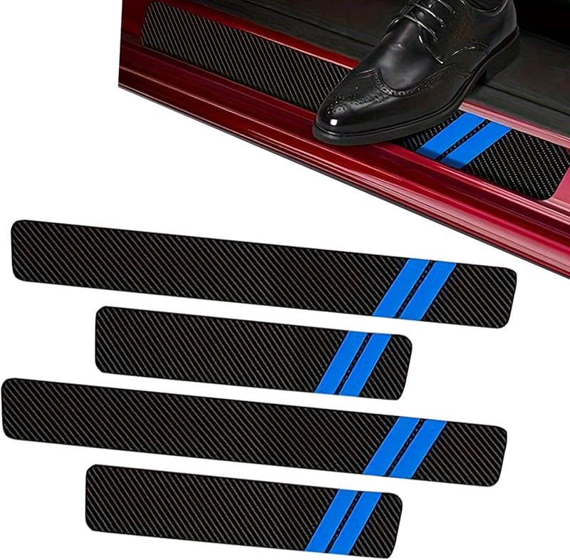 MLY Kit com 4 Protetores de Soleira de Porta em Couro PU com Textura de Fibra de Carbono Azul e Preto