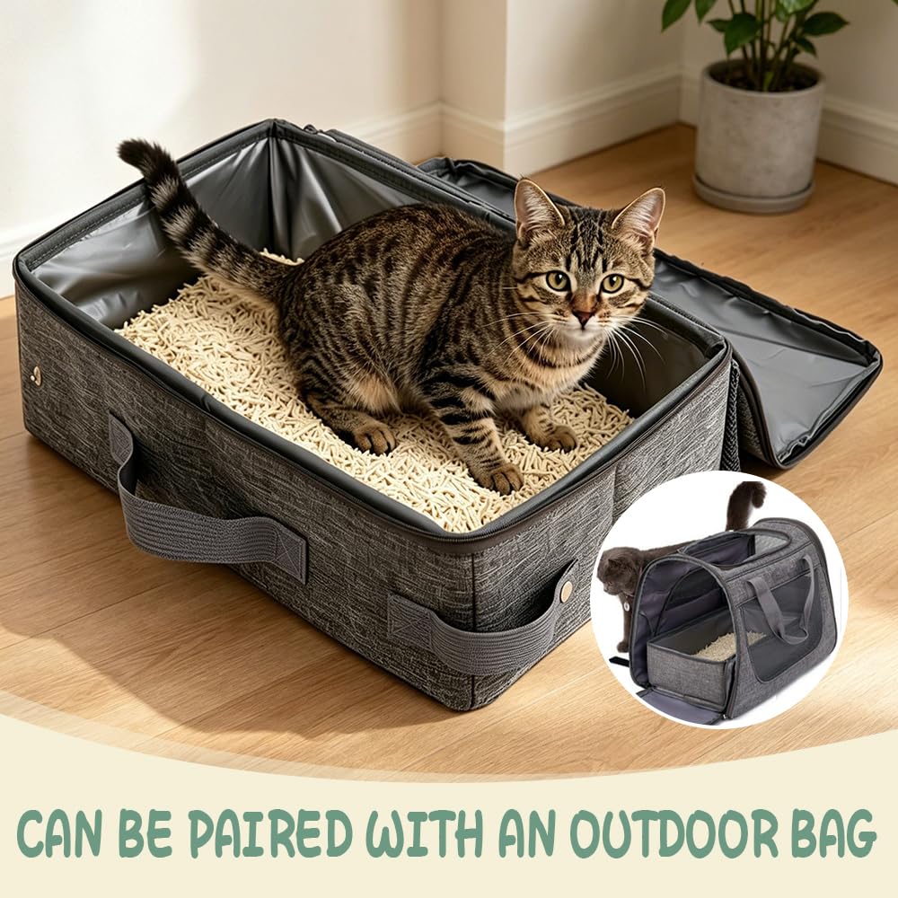 Lettiera da Viaggio per Gatti 40 X 30 X 15 CM,Lettiera Portatile Gatto con Pala, Zip e Coperchio,Toilette per Gatti Pieghevole,Cat Litter Box per Campeggio, Casa, Gite - Grigio chiaro