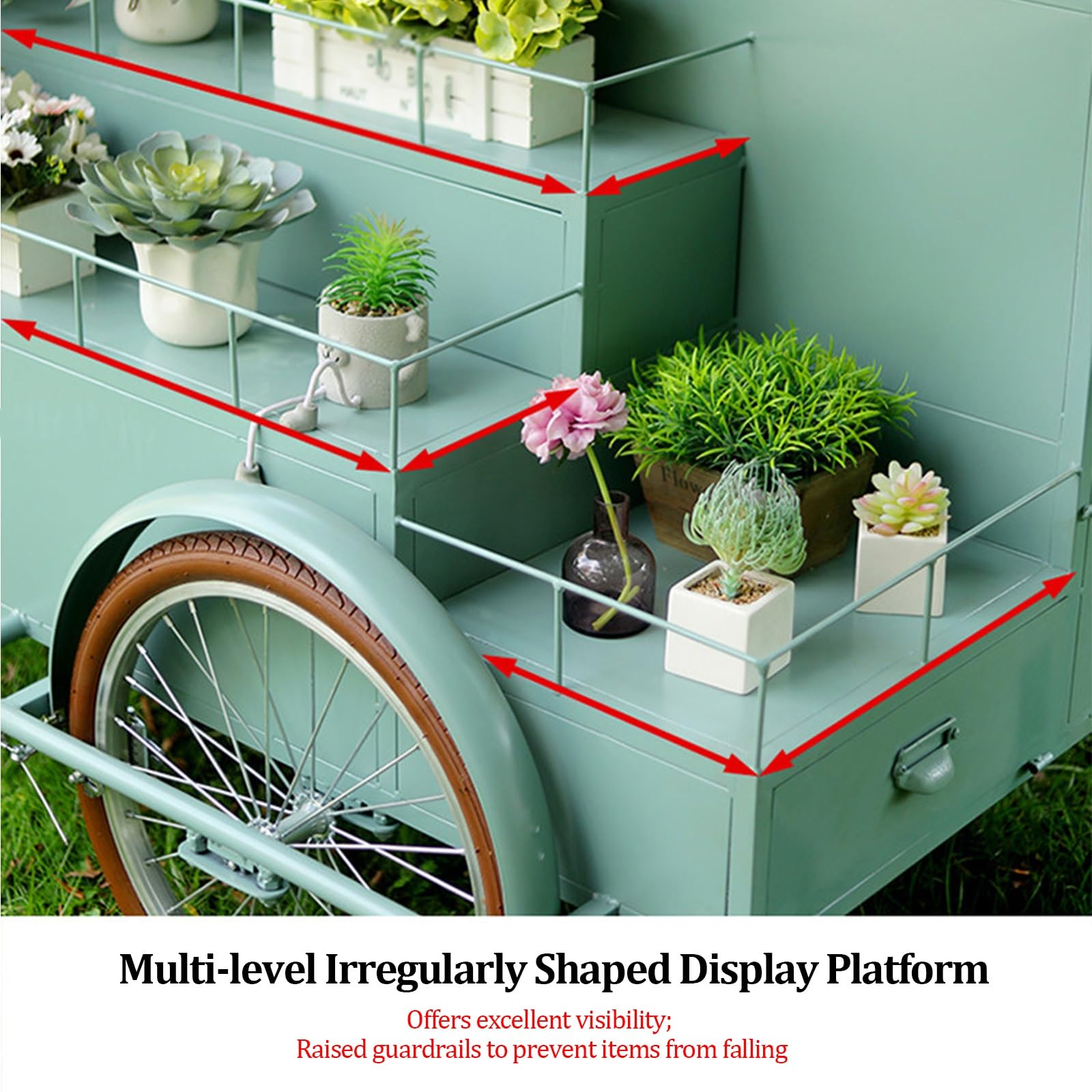 Carretto per venditori ambulanti, espositore per fiori da esterno con ombrellone, carrello mobile professionale su bicicletta, bicicletta per la vendita di fiori per mercati(White,WU)