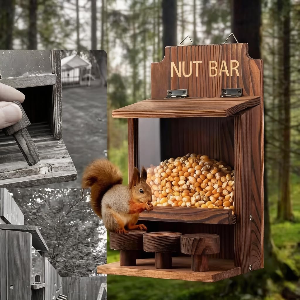 Squirrel Picnic Table Feeder, Handcrafted Solid Wood Outdoor Hanging or Mounted Squirrel Feeder for Yard, Garden, Patio - Cute Wildlife Watching & Backyard Gift