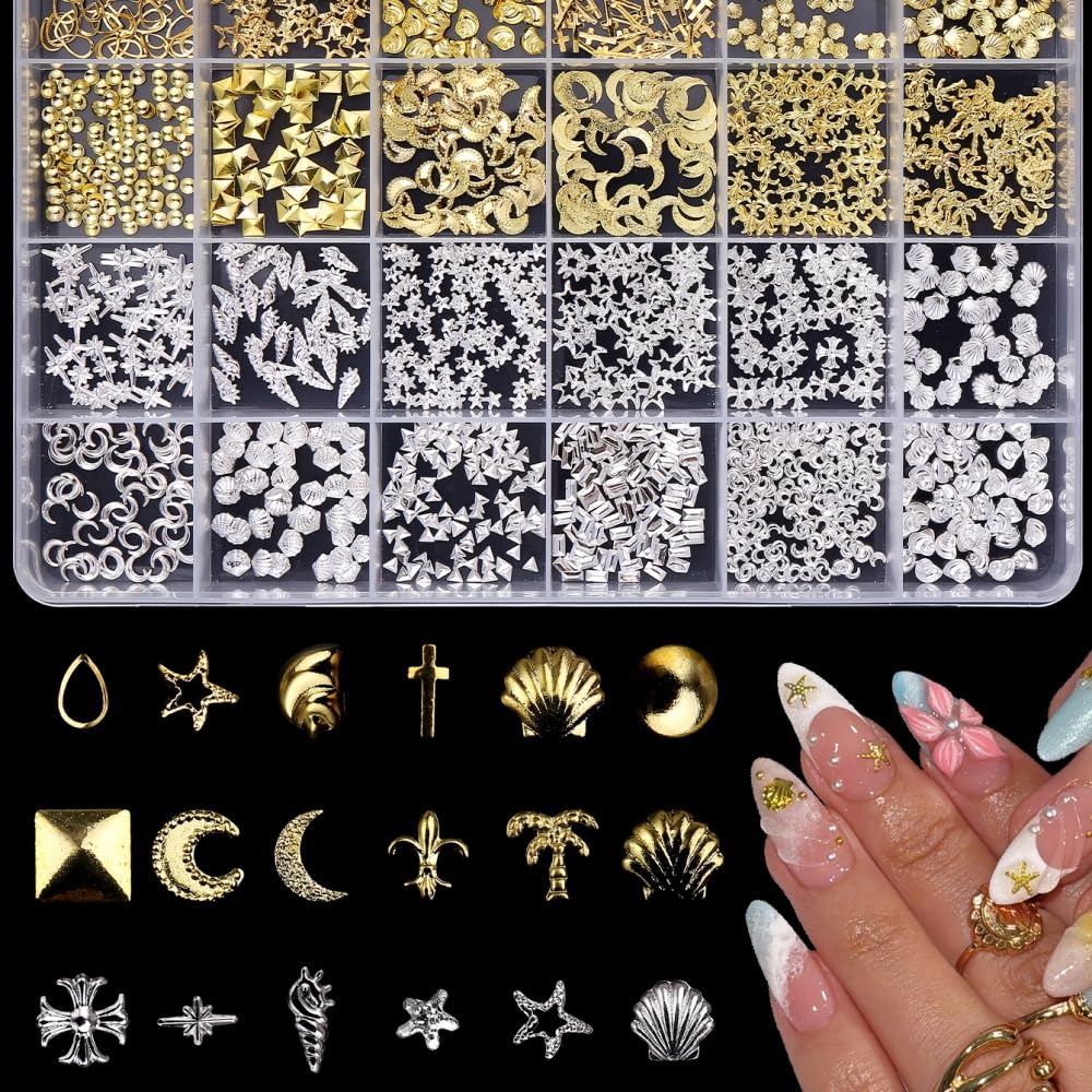 1 scatola oro argento ciondoli per unghie 3D in lega fiore gemme per unghie in metallo luna stella gioielli per unghie multi-forme oceano spiaggia stella marina conchiglia forniture per nail art con