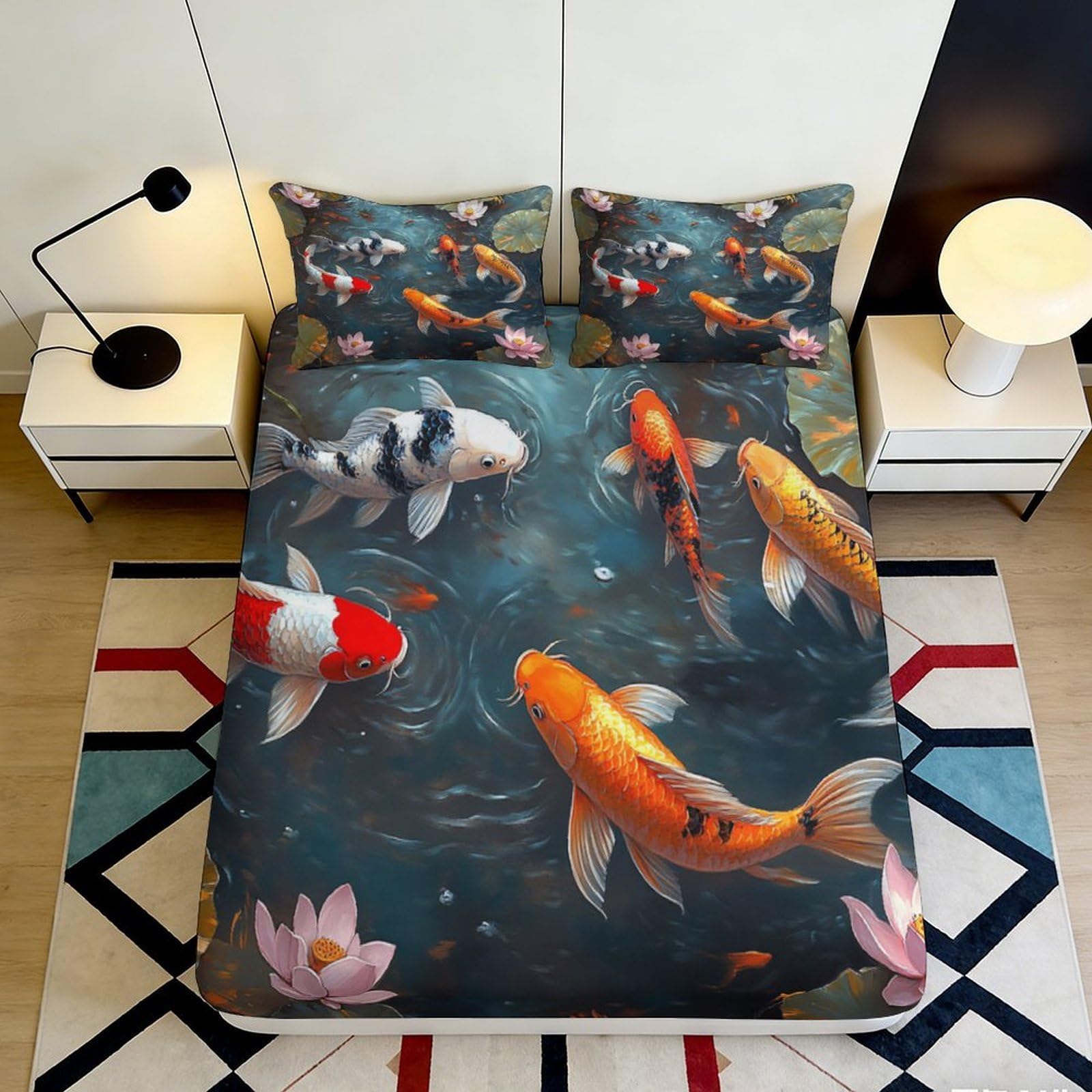 3D Printed Koi Fish Pond Fitted Sheet Microfiber Soft Decorative Lotus Mattress Cover for Bedroom Guest Room Dorm 90x200x25cm