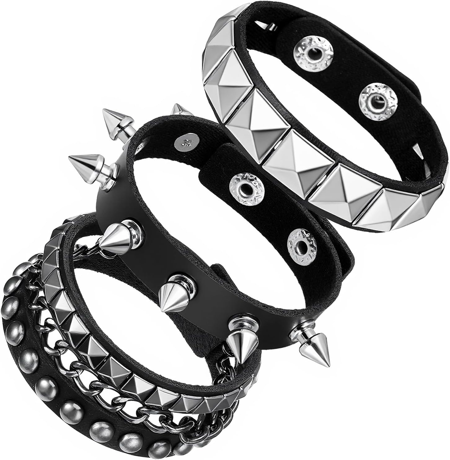 TIESOME 3 PCS Punk Rock Studded Bracelets Set, Spiked Leather Cuff Bracelets for Women Men 80s Emo Goth Jewelry Wristband Accessories Adjustable Wrap Wrist Cuffs for Halloween Party Favors - Image 3