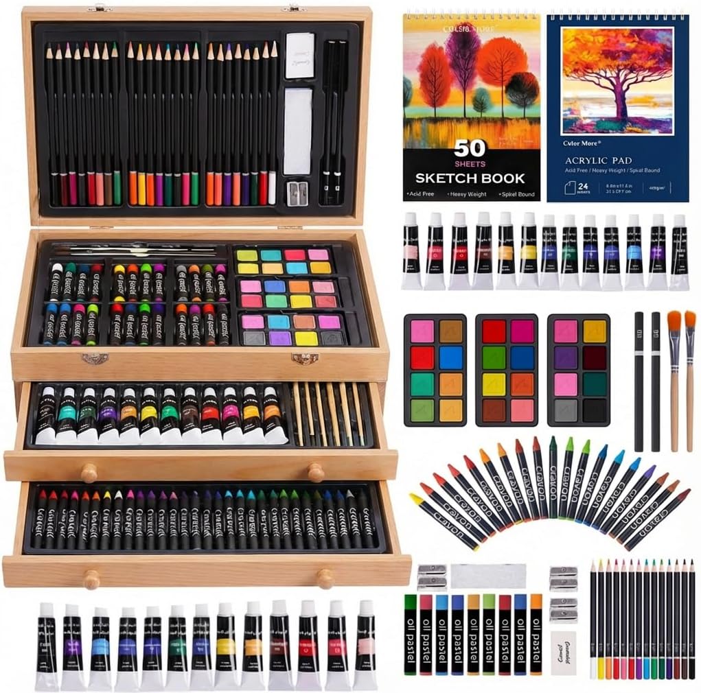 175 Piece Deluxe Art Set with 2 Drawing Pads, Acrylic Paints,Crayons,Colored Pencils,Paint Set in Wooden Case,Professional Art Kit,Art Supplies for Adults,Teens and Artist,Paint Supplies
