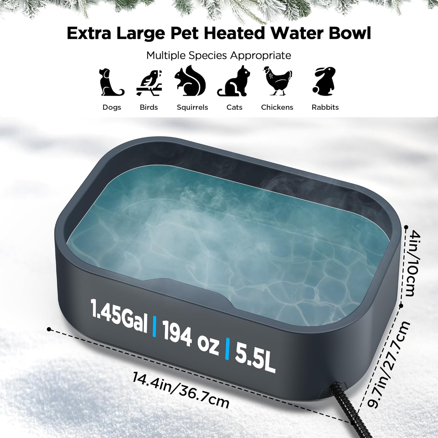 Heated Water Bowl, 5.5L/1.45Gal Extra Large Winter Freeze Proof Pet Heated Water Bowl with Anti Chewy Long Cord, BPA-Free, for Dog Cats Rabbit Chicken Duck Squirrel Animals Outside Heated Water Bucket