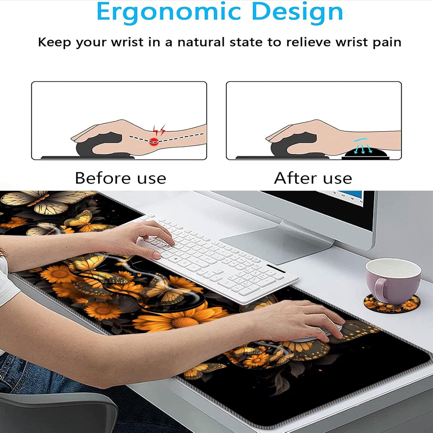 Keyboard Mouse Pad Set,Large Mouse Pad+Keyboard Wrist Rest+Wrist Support+Coaster,31.5x11.8in Extended Desk Mat for Computer Laptop Office Home- Flower Butterfly