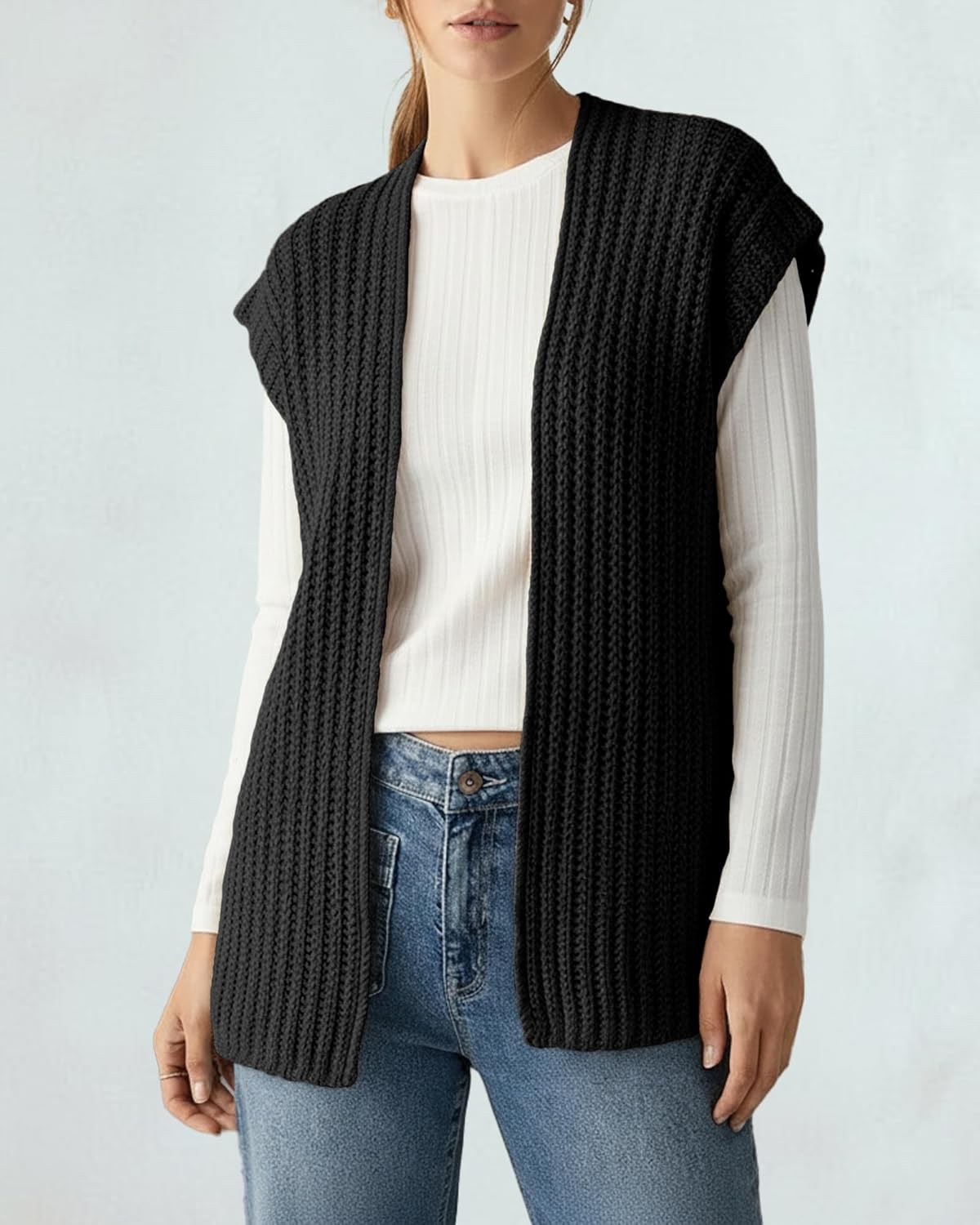 Womens Fall Sleeveless Chunky Knit Long Sweater Vest Crochet Trendy Open Front Cardigan Sweater Tops - Image 6