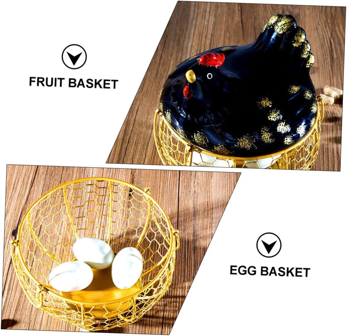 Decorative Metal Egg Basket with Black Chicken Lid and Gold Wire Frame, Kitchen Egg Holder and Food Storage Organizer for Home Countertop and Pantry Use