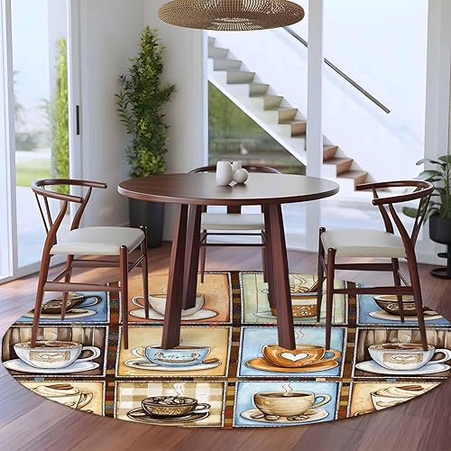 Miniatura 4 de 5ft Round Rug, Watercolor Coffee Non-Skid Rubber Backing Large Area Rugs - Living Room Bedroom Home Office, Retro Coffee Patchwork Indoor Floor