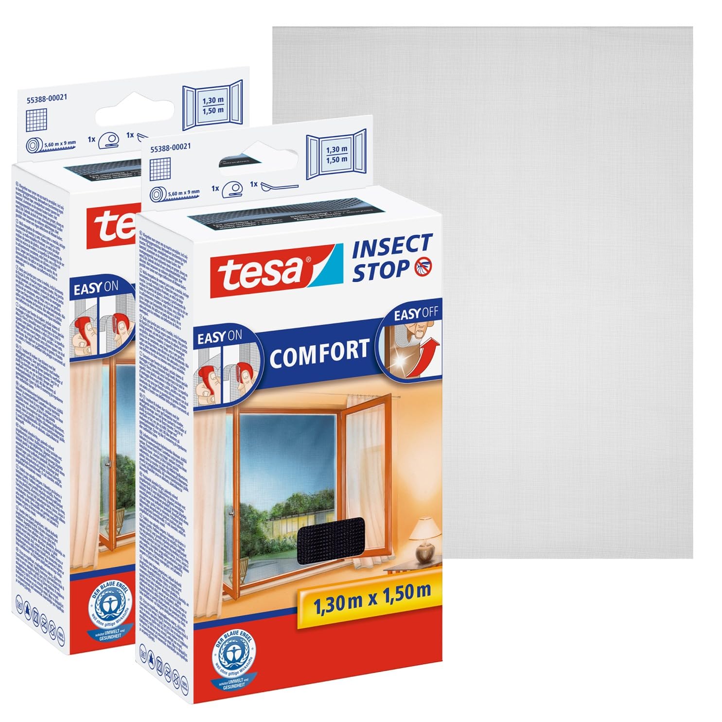 tesa Insect Stop Comfort for Windows - 2-Pack - Window Screen with Self-Adhesive Hook and Loop - Insect Mesh - in Anthracite, 2X 130 cm x 150 cm